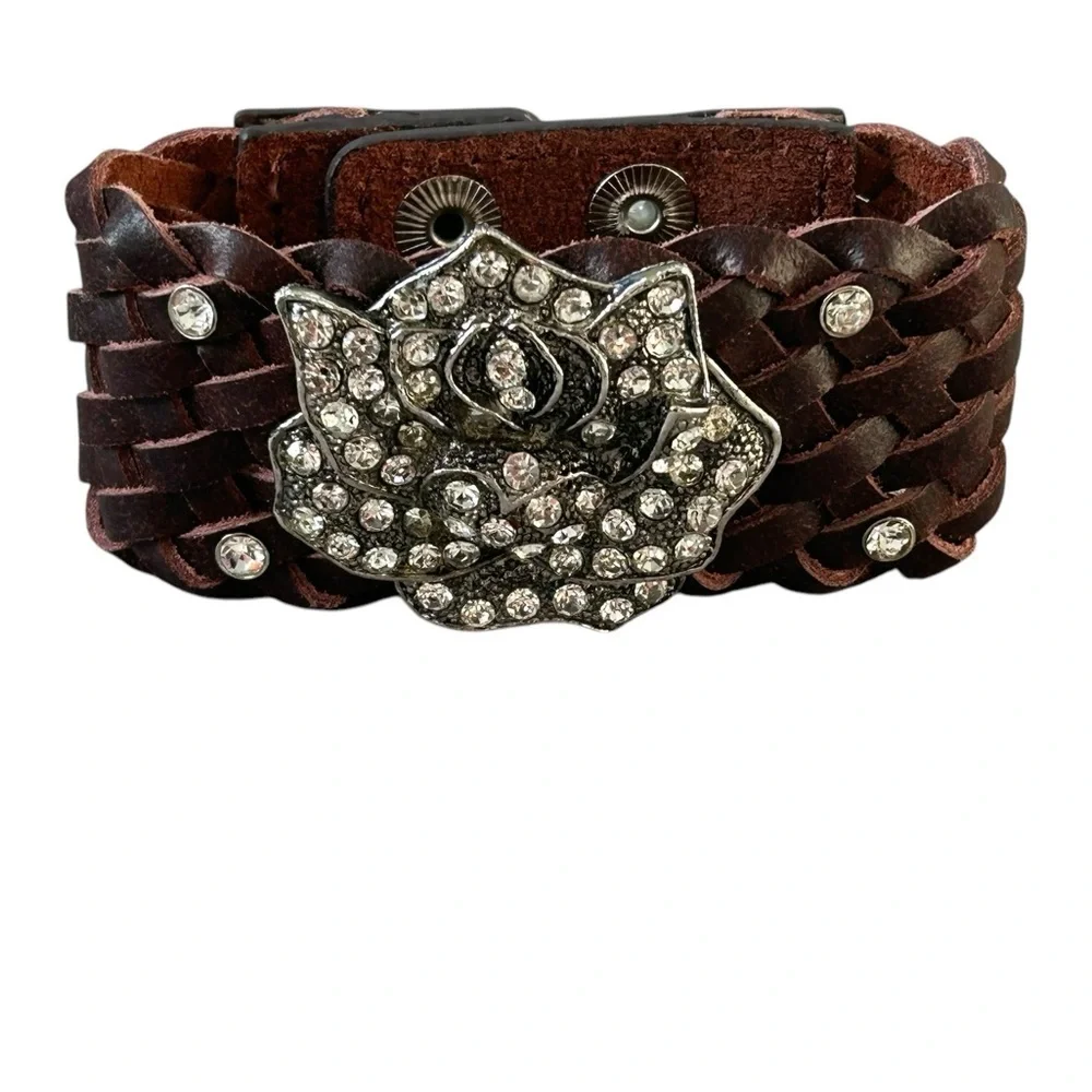 Brown Leather Snap Bracelet‎ w/ Rhinestone Flower